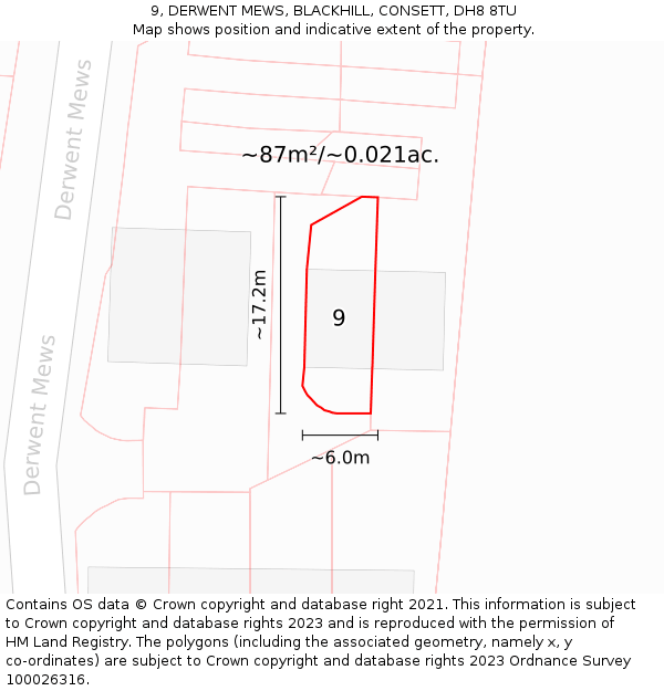 9, DERWENT MEWS, BLACKHILL, CONSETT, DH8 8TU: Plot and title map