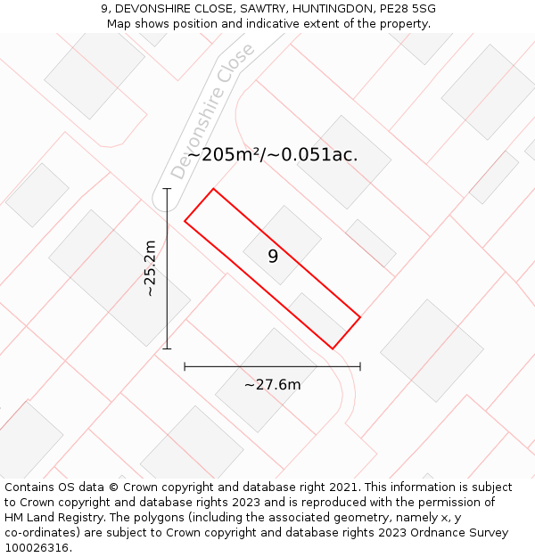 9, DEVONSHIRE CLOSE, SAWTRY, HUNTINGDON, PE28 5SG: Plot and title map