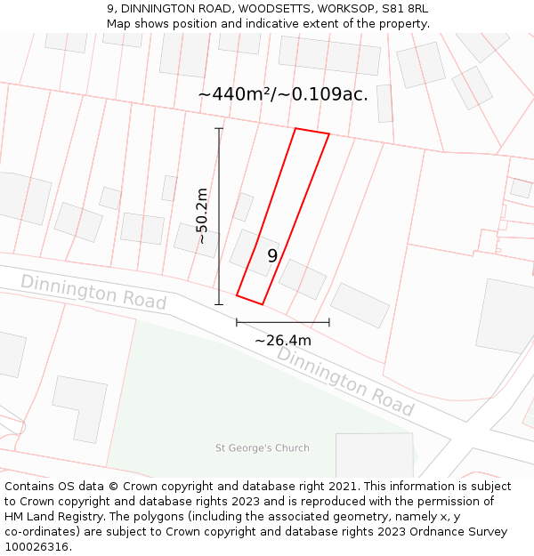 9, DINNINGTON ROAD, WOODSETTS, WORKSOP, S81 8RL: Plot and title map