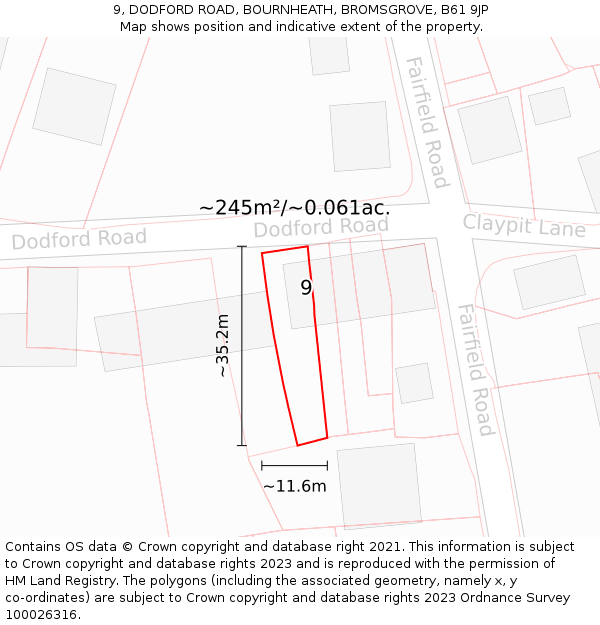 9, DODFORD ROAD, BOURNHEATH, BROMSGROVE, B61 9JP: Plot and title map