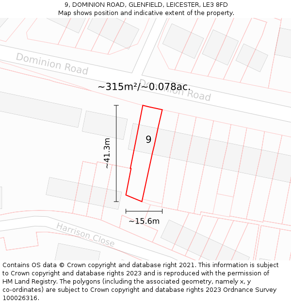 9, DOMINION ROAD, GLENFIELD, LEICESTER, LE3 8FD: Plot and title map