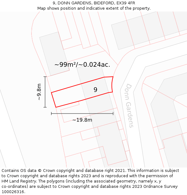 9, DONN GARDENS, BIDEFORD, EX39 4FR: Plot and title map