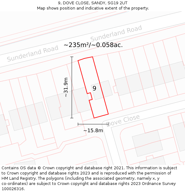 9, DOVE CLOSE, SANDY, SG19 2UT: Plot and title map