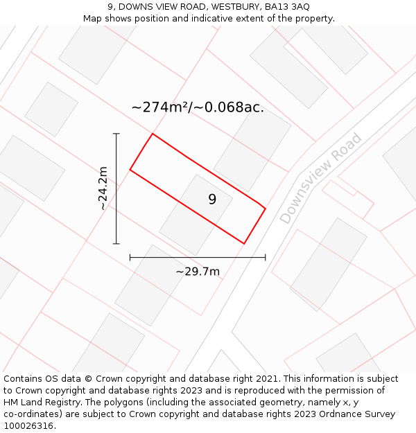 9, DOWNS VIEW ROAD, WESTBURY, BA13 3AQ: Plot and title map