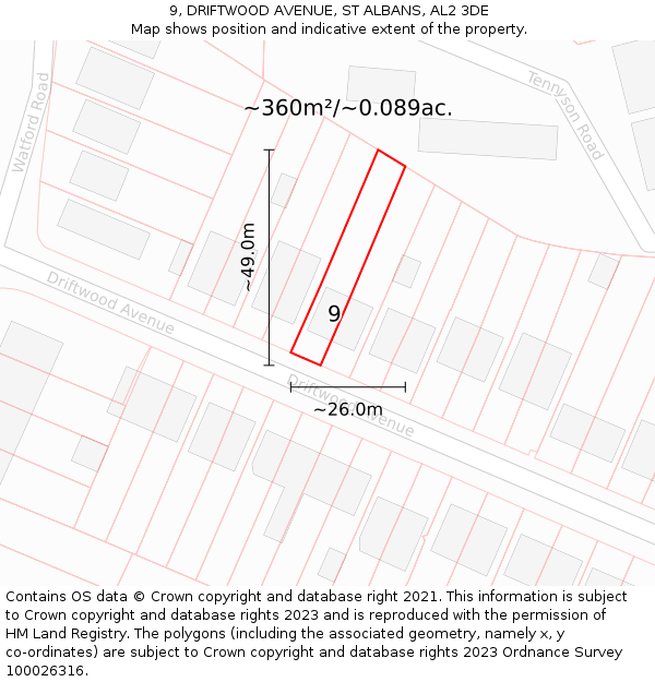 9, DRIFTWOOD AVENUE, ST ALBANS, AL2 3DE: Plot and title map