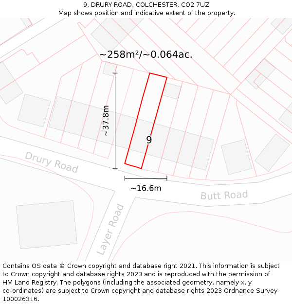 9, DRURY ROAD, COLCHESTER, CO2 7UZ: Plot and title map