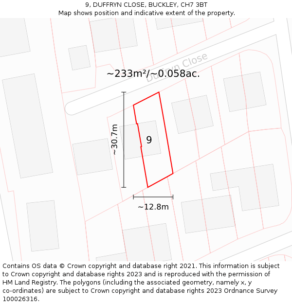 9, DUFFRYN CLOSE, BUCKLEY, CH7 3BT: Plot and title map