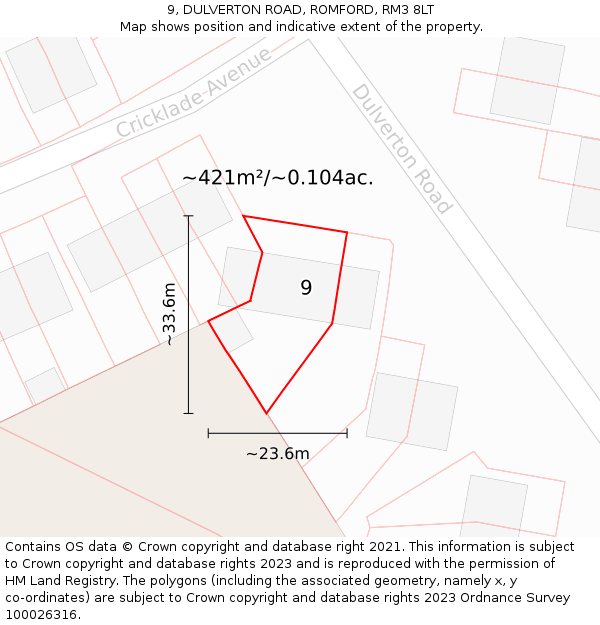 9, DULVERTON ROAD, ROMFORD, RM3 8LT: Plot and title map