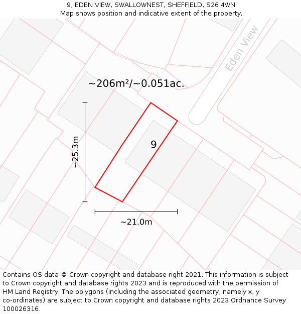 9, EDEN VIEW, SWALLOWNEST, SHEFFIELD, S26 4WN: Plot and title map