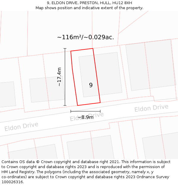 9, ELDON DRIVE, PRESTON, HULL, HU12 8XH: Plot and title map