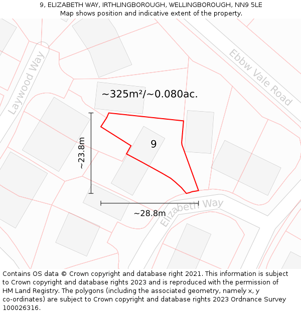 9, ELIZABETH WAY, IRTHLINGBOROUGH, WELLINGBOROUGH, NN9 5LE: Plot and title map