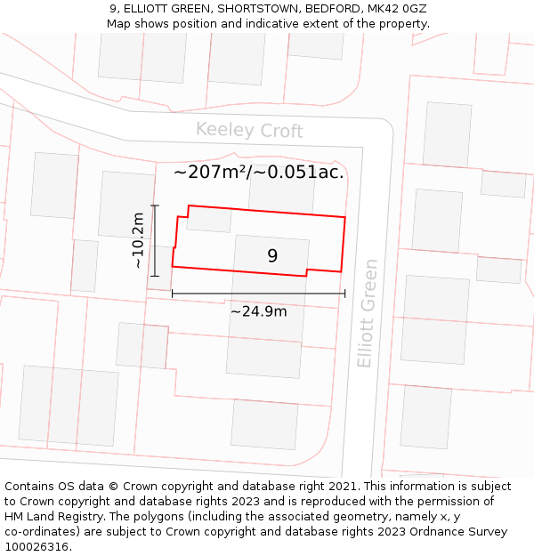 9, ELLIOTT GREEN, SHORTSTOWN, BEDFORD, MK42 0GZ: Plot and title map