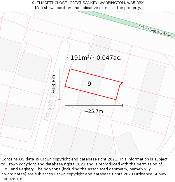 9, ELMSETT CLOSE, GREAT SANKEY, WARRINGTON, WA5 3RX: Plot and title map