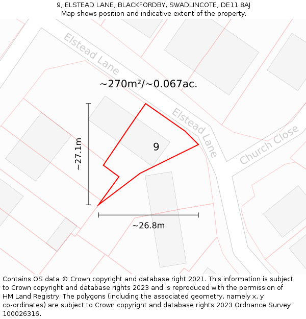 9, ELSTEAD LANE, BLACKFORDBY, SWADLINCOTE, DE11 8AJ: Plot and title map