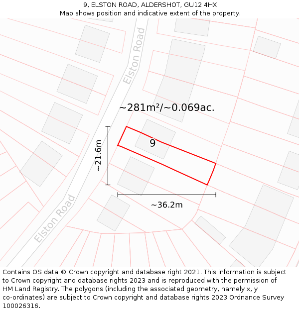 9, ELSTON ROAD, ALDERSHOT, GU12 4HX: Plot and title map