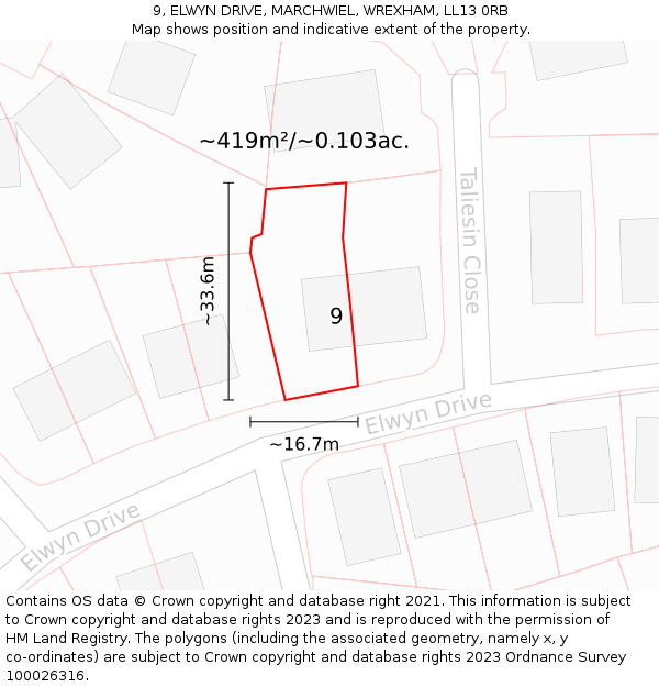 9, ELWYN DRIVE, MARCHWIEL, WREXHAM, LL13 0RB: Plot and title map