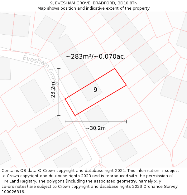 9, EVESHAM GROVE, BRADFORD, BD10 8TN: Plot and title map