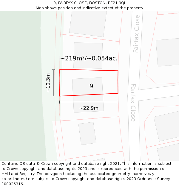 9, FAIRFAX CLOSE, BOSTON, PE21 9QL: Plot and title map