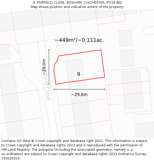 9, FAIRFIELD CLOSE, BOSHAM, CHICHESTER, PO18 8JQ: Plot and title map