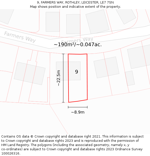 9, FARMERS WAY, ROTHLEY, LEICESTER, LE7 7SN: Plot and title map