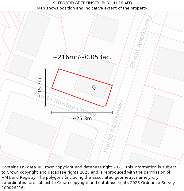 9, FFORDD ABERKINSEY, RHYL, LL18 4FB: Plot and title map