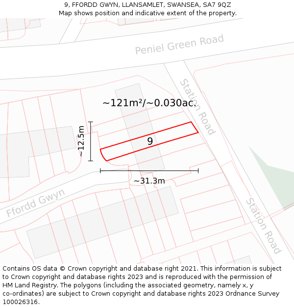 9, FFORDD GWYN, LLANSAMLET, SWANSEA, SA7 9QZ: Plot and title map