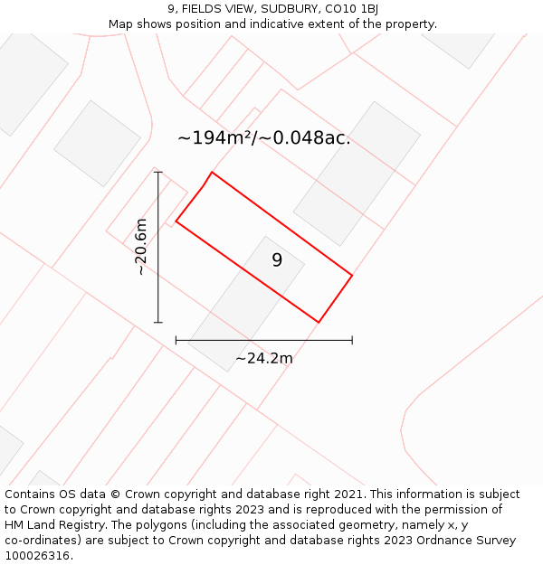 9, FIELDS VIEW, SUDBURY, CO10 1BJ: Plot and title map