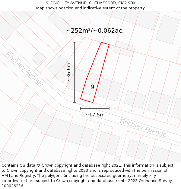 9, FINCHLEY AVENUE, CHELMSFORD, CM2 9BX: Plot and title map