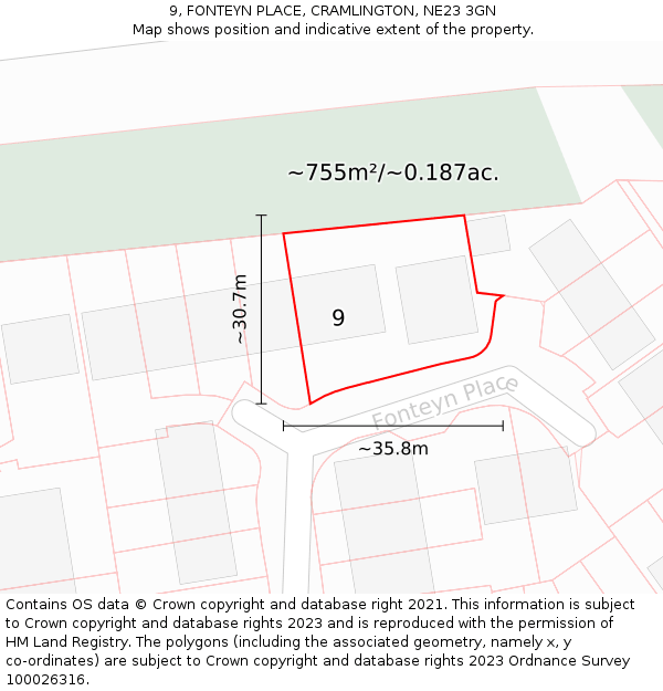 9, FONTEYN PLACE, CRAMLINGTON, NE23 3GN: Plot and title map