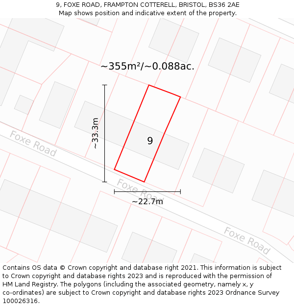 9, FOXE ROAD, FRAMPTON COTTERELL, BRISTOL, BS36 2AE: Plot and title map