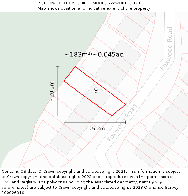 9, FOXWOOD ROAD, BIRCHMOOR, TAMWORTH, B78 1BB: Plot and title map