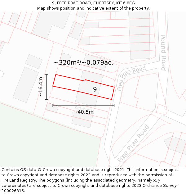 9, FREE PRAE ROAD, CHERTSEY, KT16 8EG: Plot and title map