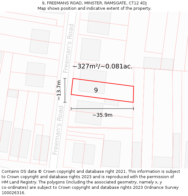 9, FREEMANS ROAD, MINSTER, RAMSGATE, CT12 4DJ: Plot and title map