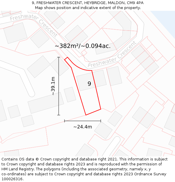 9, FRESHWATER CRESCENT, HEYBRIDGE, MALDON, CM9 4PA: Plot and title map