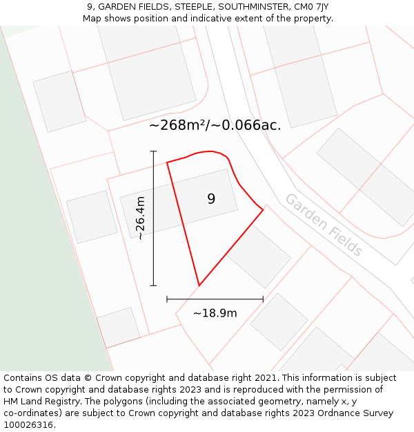 9, GARDEN FIELDS, STEEPLE, SOUTHMINSTER, CM0 7JY: Plot and title map