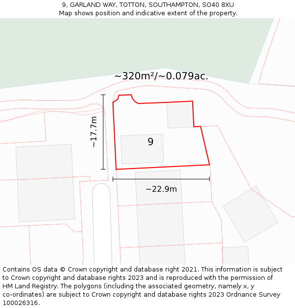 9, GARLAND WAY, TOTTON, SOUTHAMPTON, SO40 8XU: Plot and title map