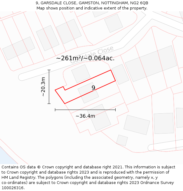 9, GARSDALE CLOSE, GAMSTON, NOTTINGHAM, NG2 6QB: Plot and title map