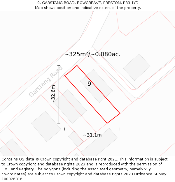 9, GARSTANG ROAD, BOWGREAVE, PRESTON, PR3 1YD: Plot and title map