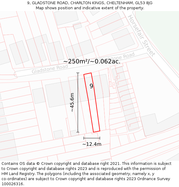 9, GLADSTONE ROAD, CHARLTON KINGS, CHELTENHAM, GL53 8JG: Plot and title map