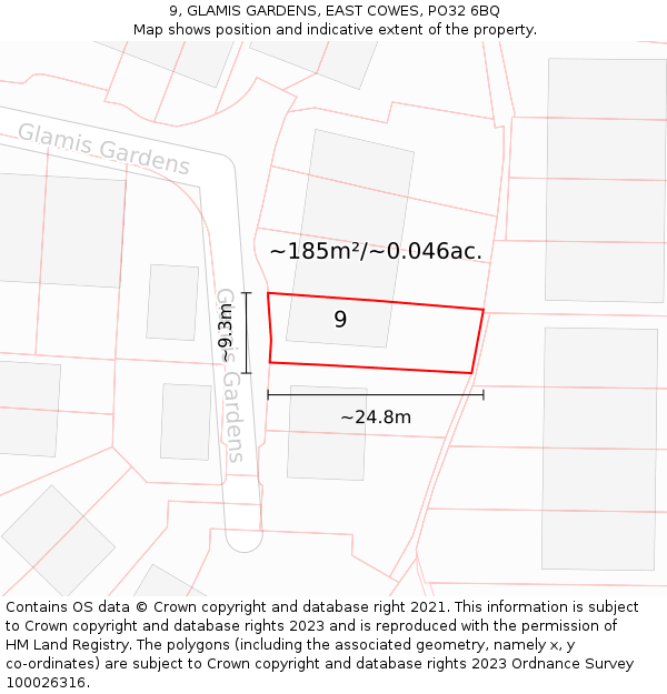 9, GLAMIS GARDENS, EAST COWES, PO32 6BQ: Plot and title map