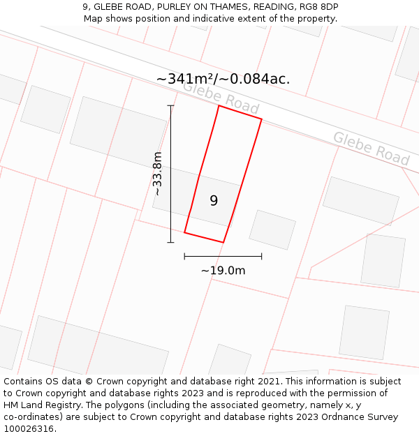9, GLEBE ROAD, PURLEY ON THAMES, READING, RG8 8DP: Plot and title map