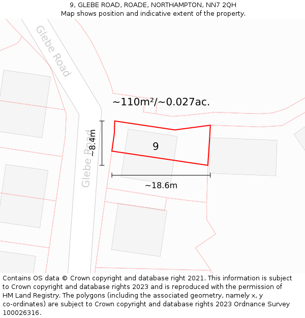 9, GLEBE ROAD, ROADE, NORTHAMPTON, NN7 2QH: Plot and title map
