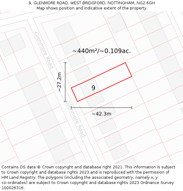 9, GLENMORE ROAD, WEST BRIDGFORD, NOTTINGHAM, NG2 6GH: Plot and title map