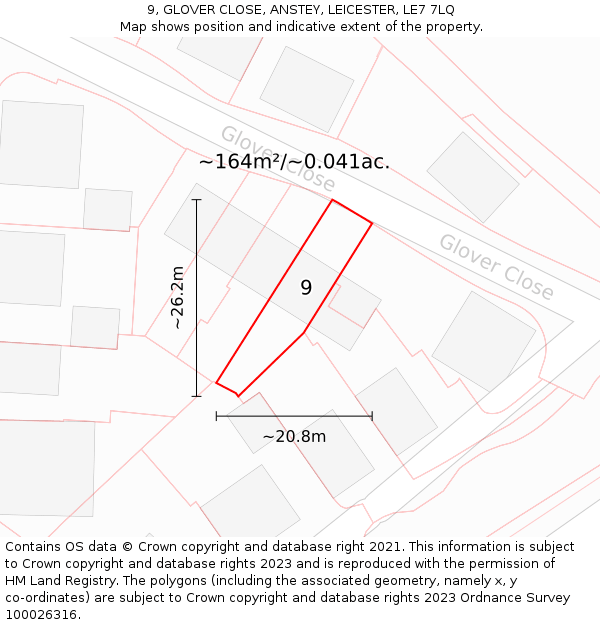 9, GLOVER CLOSE, ANSTEY, LEICESTER, LE7 7LQ: Plot and title map