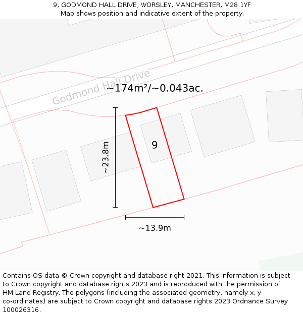 9, GODMOND HALL DRIVE, WORSLEY, MANCHESTER, M28 1YF: Plot and title map