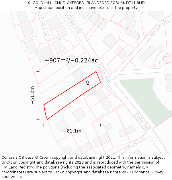 9, GOLD HILL, CHILD OKEFORD, BLANDFORD FORUM, DT11 8HD: Plot and title map