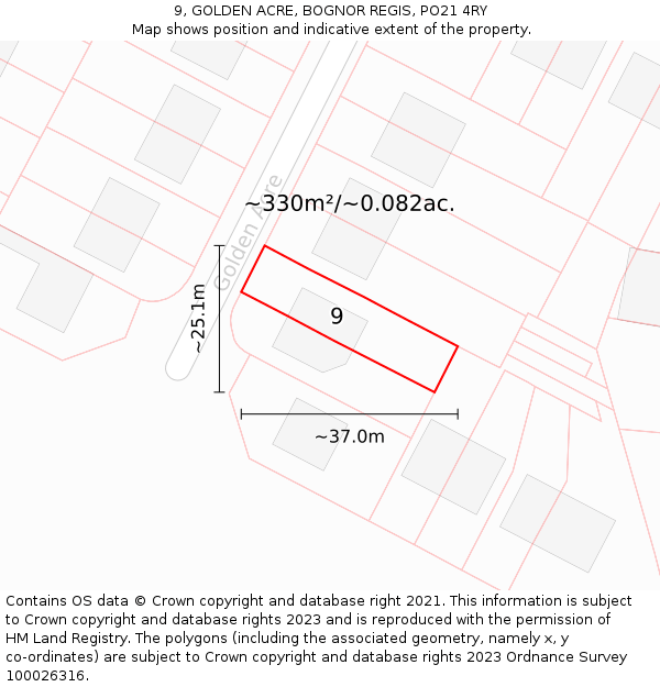 9, GOLDEN ACRE, BOGNOR REGIS, PO21 4RY: Plot and title map