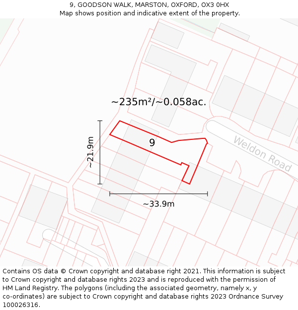 9, GOODSON WALK, MARSTON, OXFORD, OX3 0HX: Plot and title map