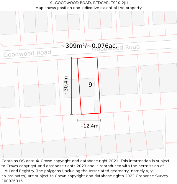 9, GOODWOOD ROAD, REDCAR, TS10 2JH: Plot and title map