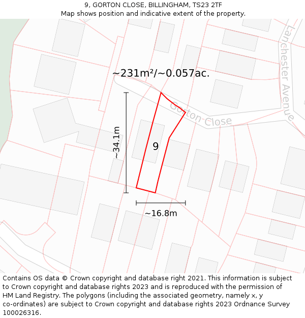 9, GORTON CLOSE, BILLINGHAM, TS23 2TF: Plot and title map